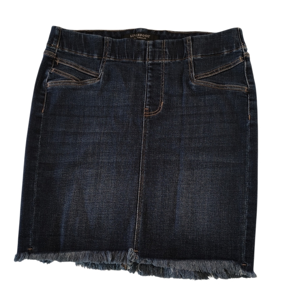 Liverpool Dark Blue Denim Mini Skirt with Frayed Hem Size 4